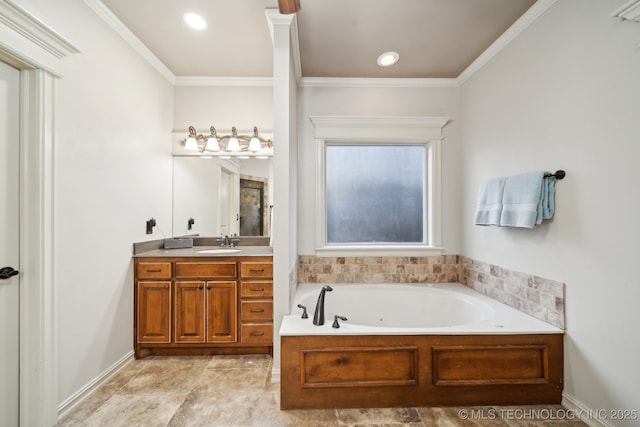 bathroom featuring vanity, crown molding, and a tub to relax in