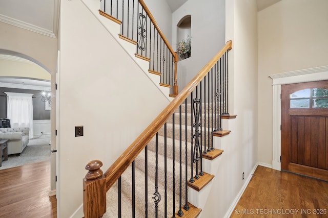 entrance foyer with hardwood / wood-style flooring, crown molding, and a high ceiling