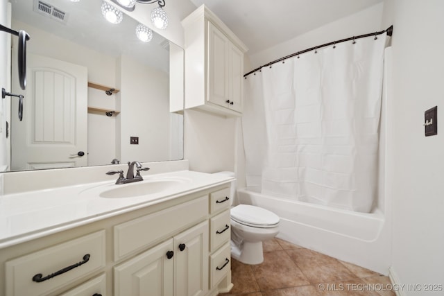 full bathroom with tile patterned flooring, vanity, toilet, and shower / tub combo with curtain