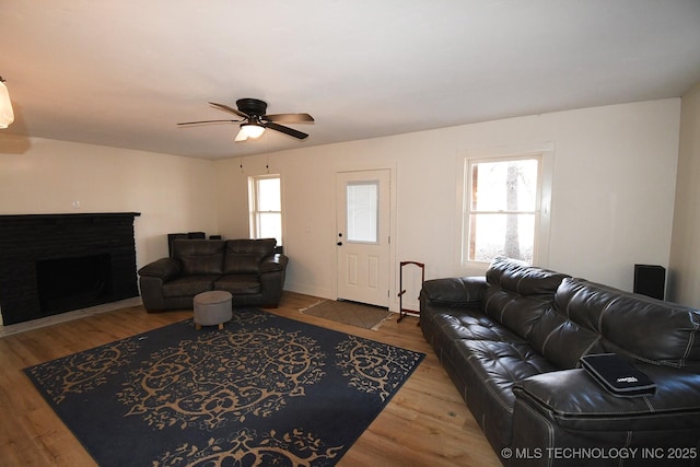 living room featuring ceiling fan, light hardwood / wood-style floors, and a healthy amount of sunlight