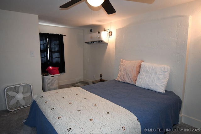 carpeted bedroom featuring a wall mounted air conditioner and ceiling fan