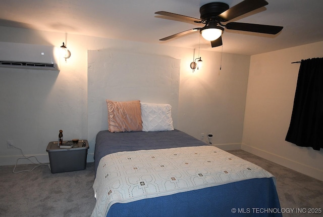 bedroom featuring an AC wall unit, carpet floors, and ceiling fan