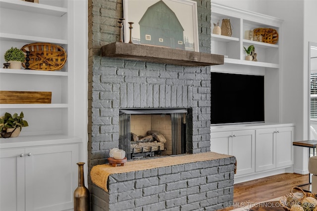 details with a fireplace, built in shelves, and wood-type flooring