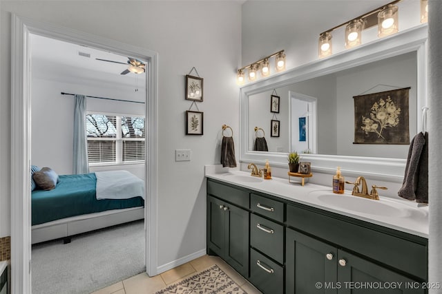 bathroom with vanity, tile patterned floors, and ceiling fan