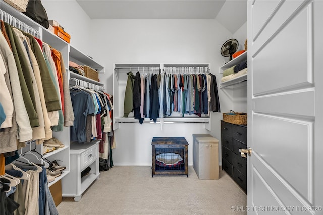 spacious closet with vaulted ceiling and light carpet