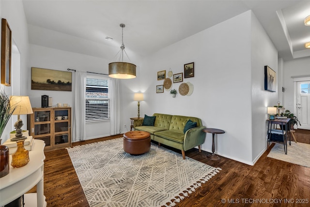 living room featuring dark wood-type flooring and a wealth of natural light