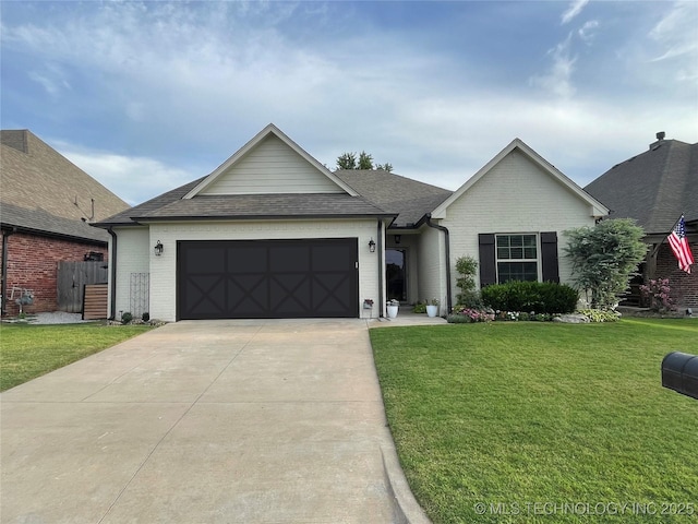 ranch-style house with a garage and a front lawn