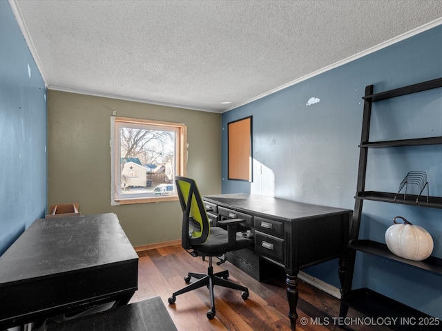 office with crown molding, wood-type flooring, and a textured ceiling