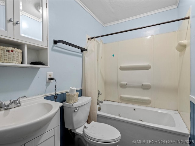 full bathroom featuring vanity, toilet, crown molding, shower / bathtub combination with curtain, and a textured ceiling