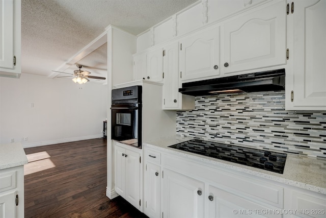 kitchen with white cabinetry, dark hardwood / wood-style flooring, ceiling fan, decorative backsplash, and black appliances