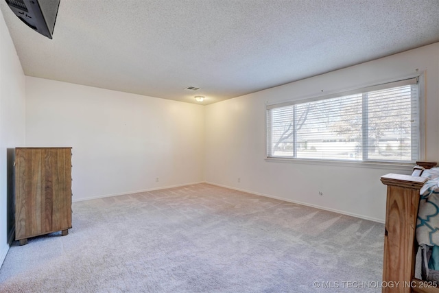 empty room with light carpet and a textured ceiling