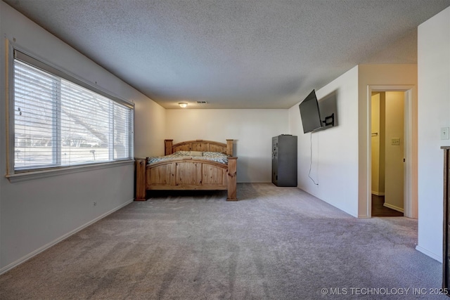 carpeted bedroom with a textured ceiling