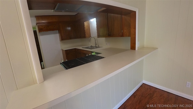 kitchen featuring sink, dark hardwood / wood-style floors, and kitchen peninsula