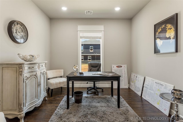 office area with dark wood-type flooring