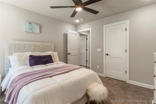 carpeted bedroom featuring ceiling fan