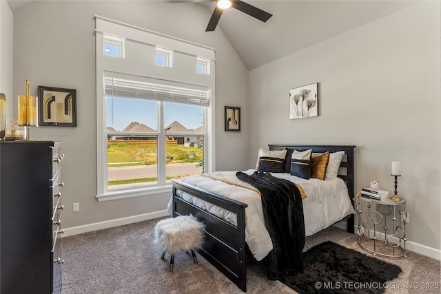 bedroom with lofted ceiling, carpet floors, and ceiling fan