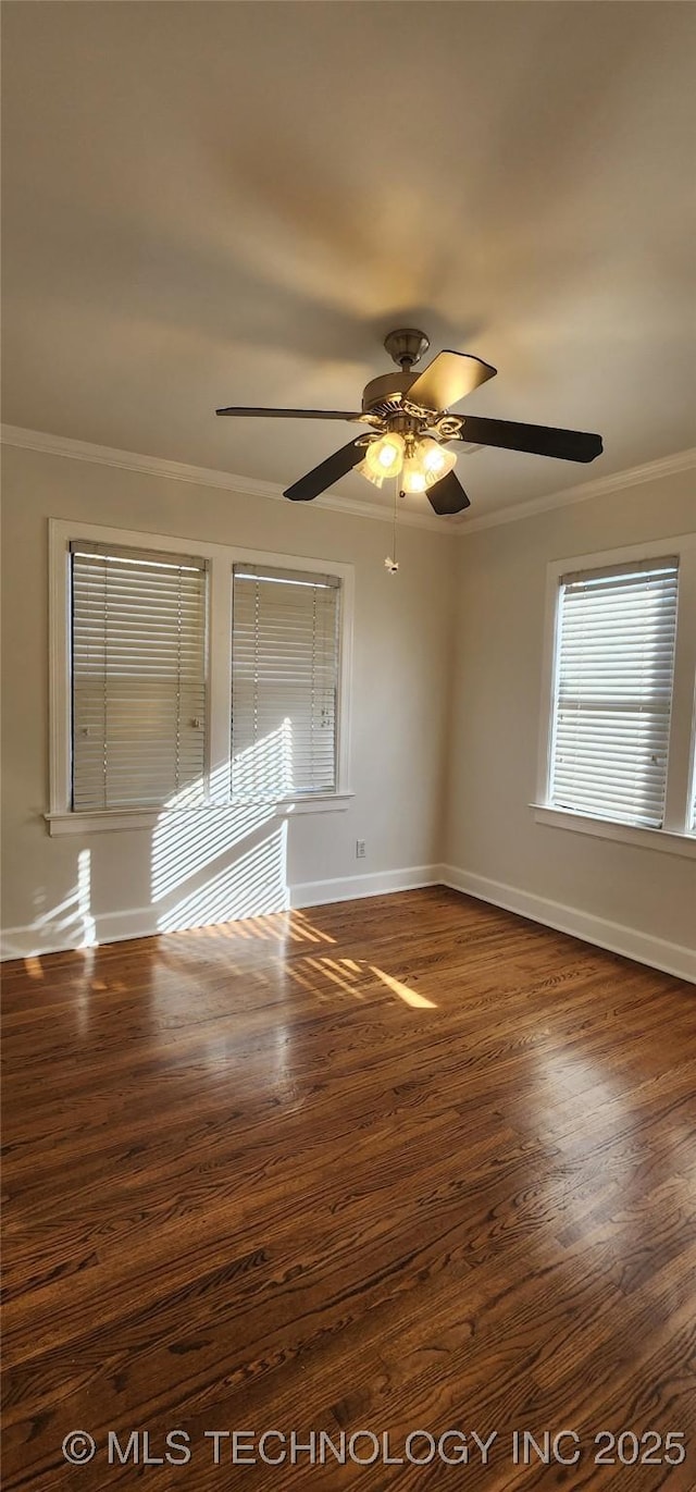 unfurnished room with crown molding, ceiling fan, and dark wood-type flooring