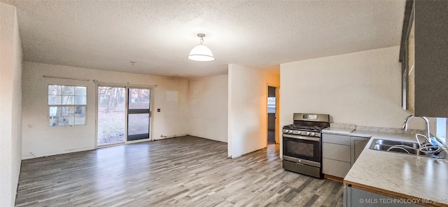 kitchen with hardwood / wood-style floors, sink, a textured ceiling, and stainless steel gas range oven