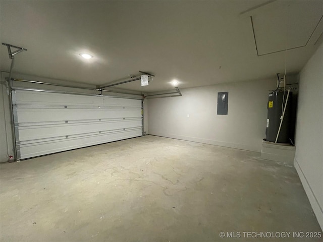 garage with a garage door opener, electric panel, and water heater