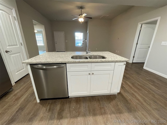 kitchen featuring white cabinetry, sink, a kitchen island with sink, and stainless steel dishwasher