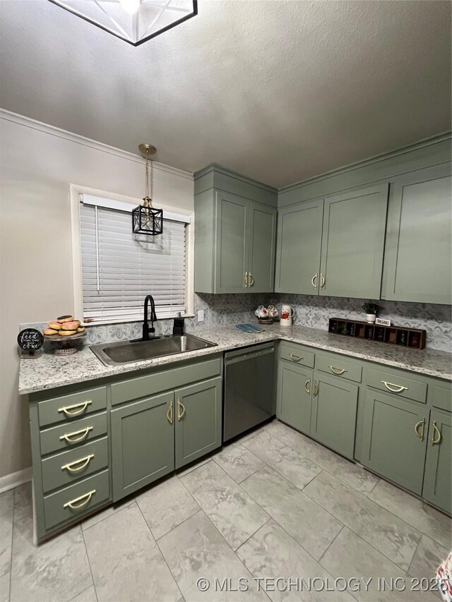 kitchen featuring sink, decorative backsplash, green cabinetry, and black dishwasher