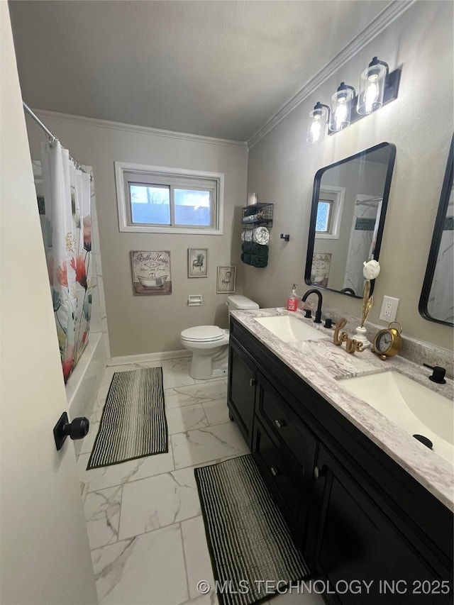 full bathroom with toilet, ornamental molding, shower / bathtub combination with curtain, and vanity