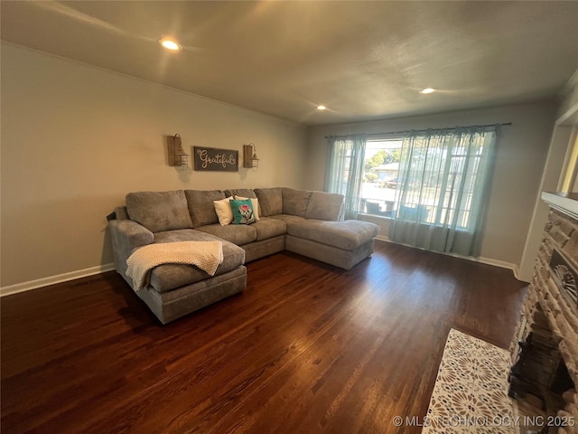 living room with a stone fireplace and dark hardwood / wood-style floors