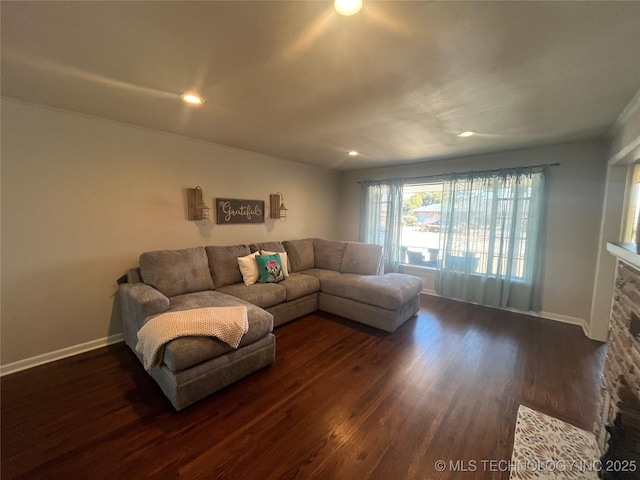 living room featuring a fireplace and dark hardwood / wood-style flooring