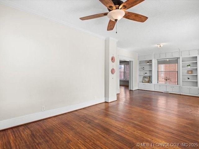 unfurnished living room with ceiling fan, a textured ceiling, built in features, and dark hardwood / wood-style flooring