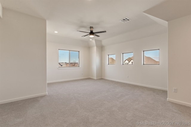 empty room with light carpet and ceiling fan