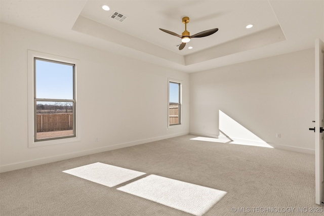 empty room featuring light colored carpet, a raised ceiling, and ceiling fan