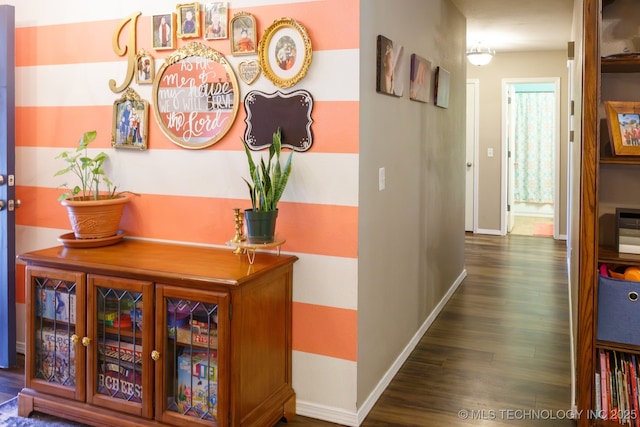 hallway with dark hardwood / wood-style flooring