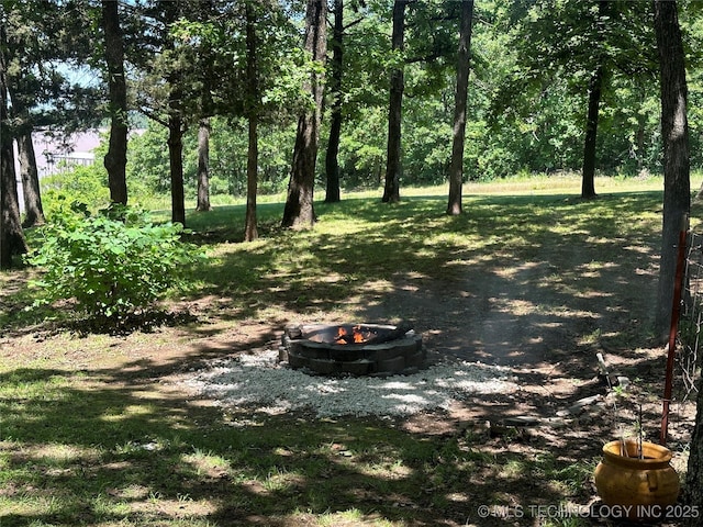 view of yard featuring an outdoor fire pit