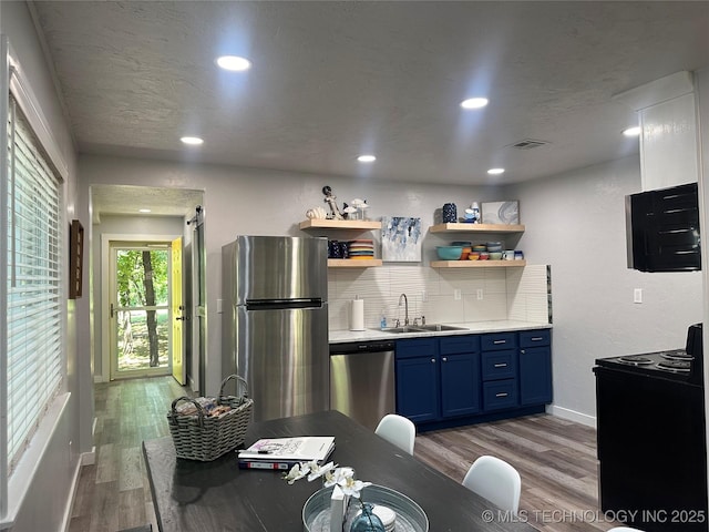 kitchen featuring hardwood / wood-style flooring, appliances with stainless steel finishes, sink, and tasteful backsplash