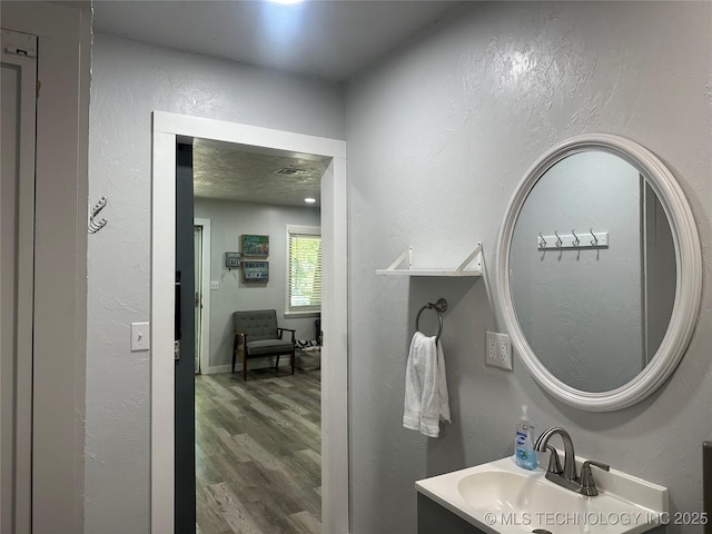 bathroom with vanity and wood-type flooring