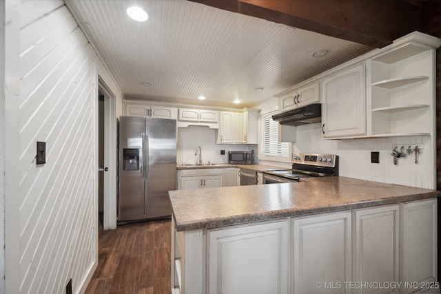 kitchen with appliances with stainless steel finishes, dark hardwood / wood-style floors, sink, white cabinets, and kitchen peninsula