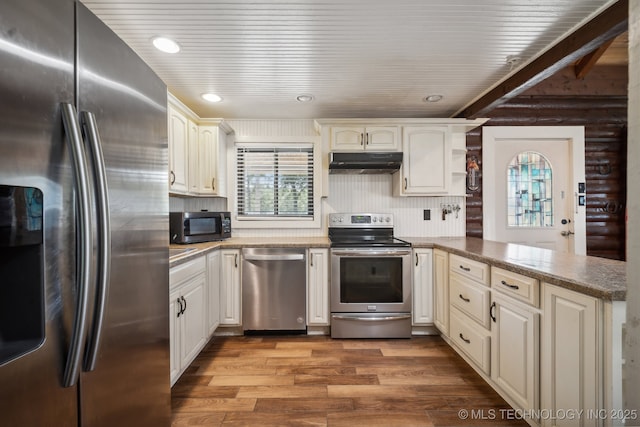 kitchen with stainless steel appliances, hardwood / wood-style flooring, wood ceiling, and kitchen peninsula