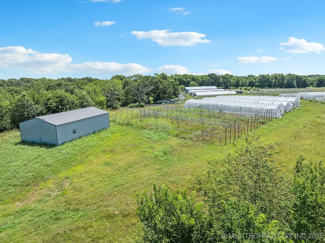 view of yard with an outdoor structure and a rural view