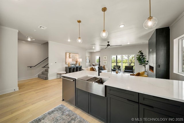 kitchen with stainless steel dishwasher, decorative light fixtures, a fireplace, and light hardwood / wood-style flooring