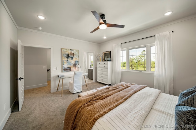 bedroom with light carpet, ornamental molding, and ceiling fan