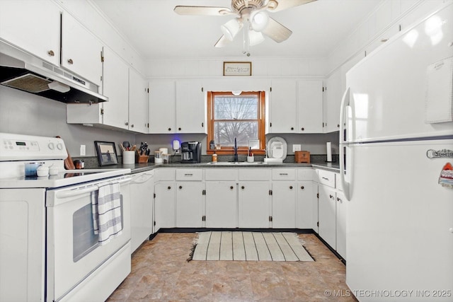 kitchen featuring crown molding, sink, white cabinets, and white appliances