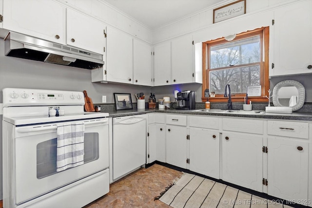 kitchen with white cabinetry, sink, crown molding, and white appliances