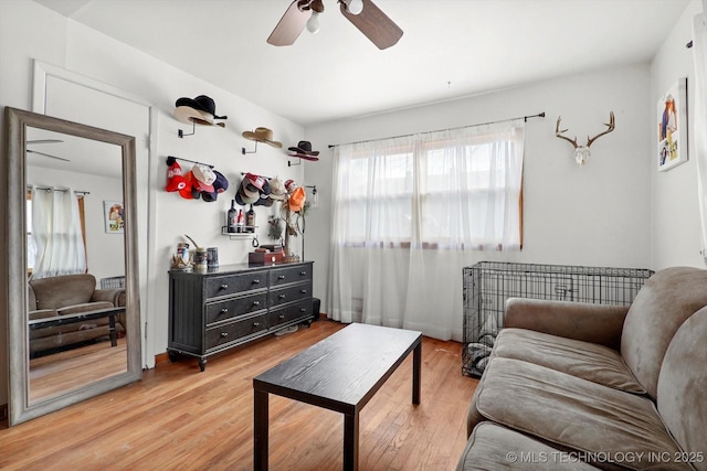 living room with hardwood / wood-style flooring and ceiling fan