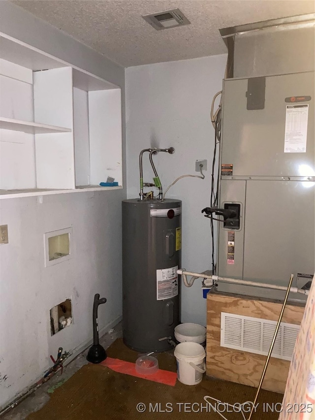 utility room featuring heating unit, visible vents, and electric water heater