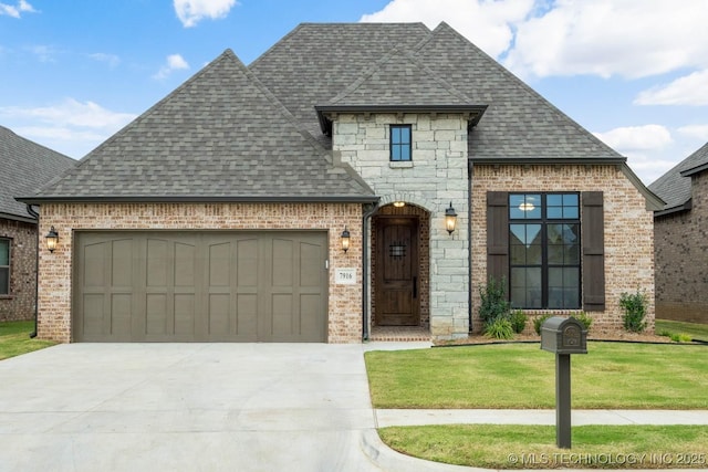 french provincial home featuring roof with shingles, brick siding, an attached garage, stone siding, and driveway