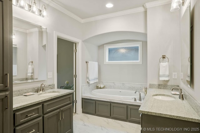 full bathroom featuring marble finish floor, a sink, a bath, and crown molding