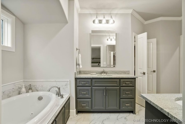 full bath featuring marble finish floor, crown molding, vanity, and a tub with jets