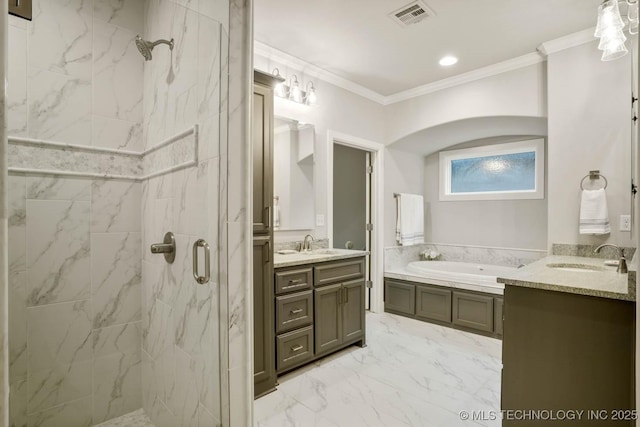 full bath with marble finish floor, crown molding, a marble finish shower, visible vents, and a sink