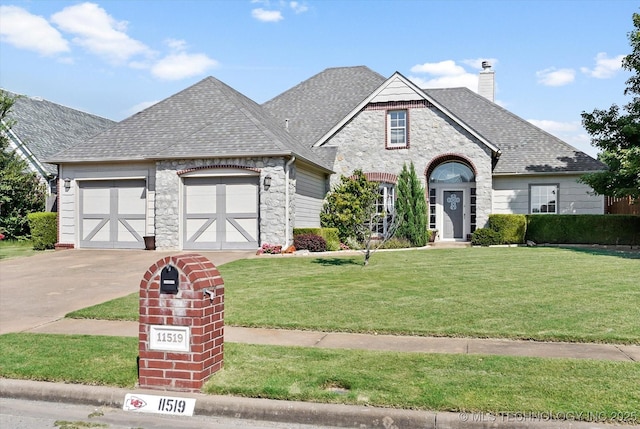 french country home with a garage and a front lawn