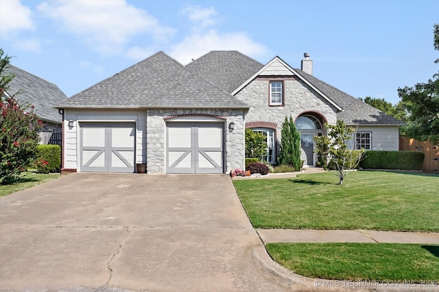 french provincial home with a garage and a front yard